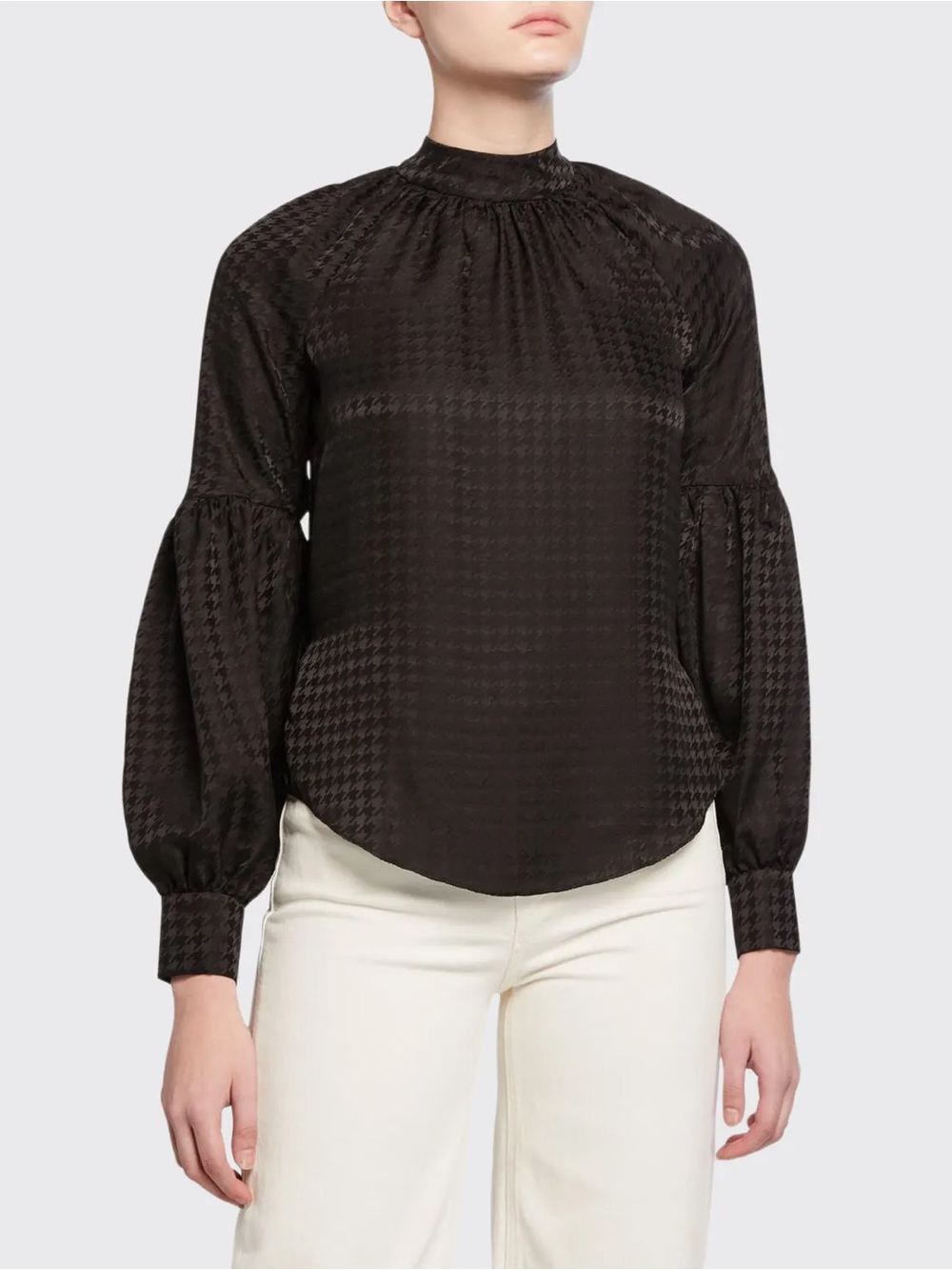 Veronica Beard Cicley Houndstooth Mock Neck 100% Silk Long Sleeve Top